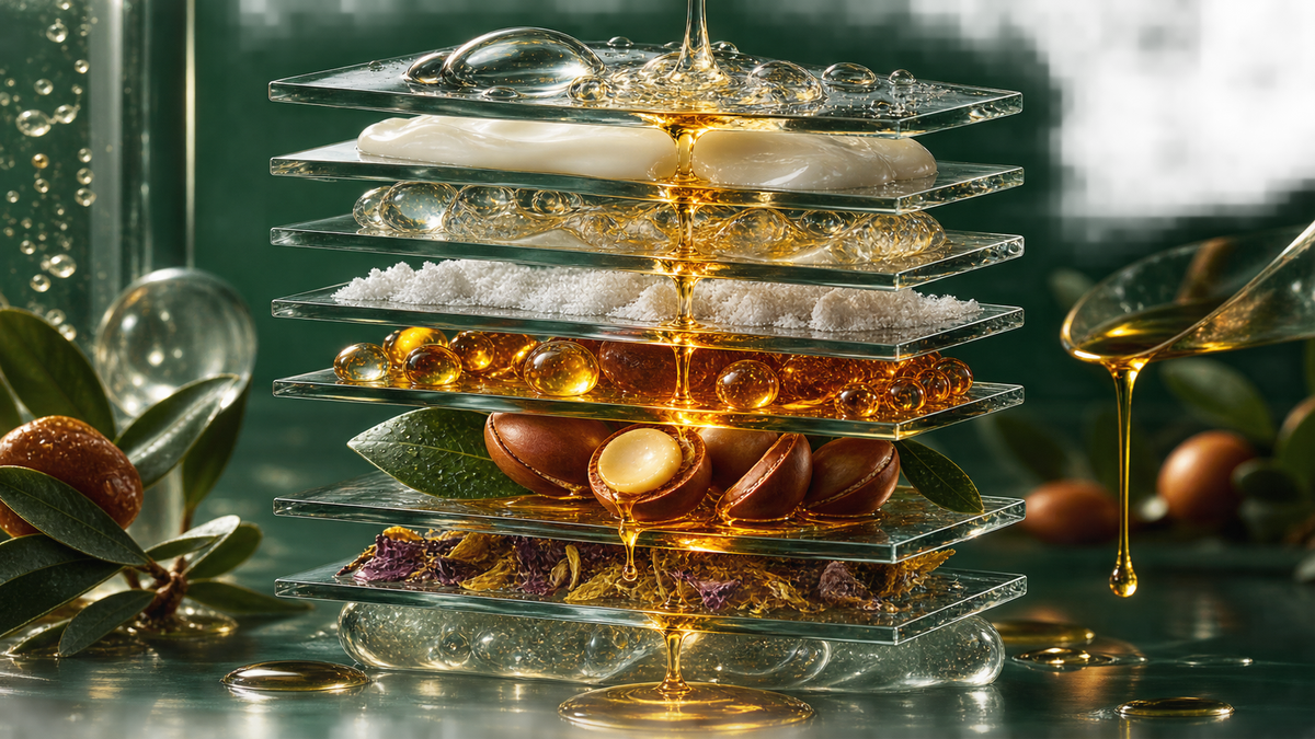 surreal golden oil stratigraphy editorial visualization for "100% Argan Oil" Is the Sixth Line on the Ingredient List of the Lowest-Scoring Product We Sell
