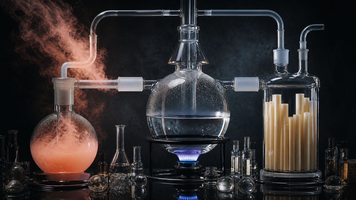 modern glass distillation theatre editorial visualization for We Checked Every 'Alcohol-Free' Label We Sell. The Confusing Ones Were Right All Along.