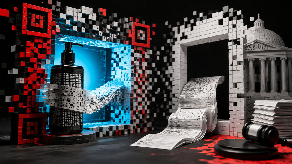 kinetic moiré scan sculpture editorial visualization for China Moved Cosmetic Ingredient Lists Behind a QR Code in February. Korea Only Filed a Bill.
