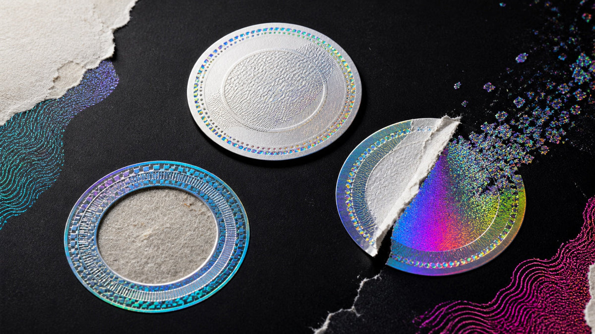 Three blank holographic claim seals on black paper, one supported, one empty and one peeling into prismatic fragments