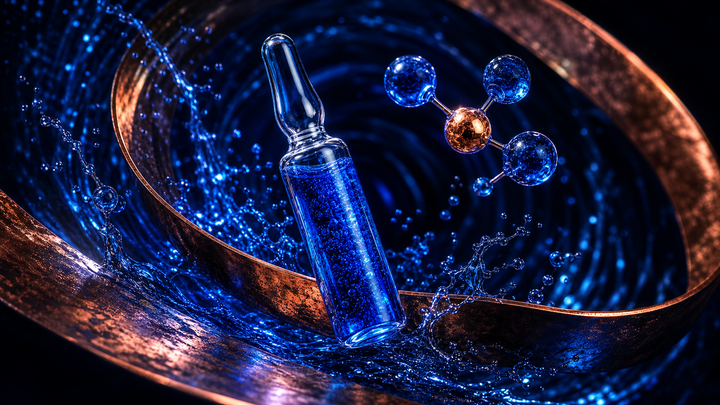 Cobalt copper-peptide ampoule inside a spiral of blue serum and copper ribbon