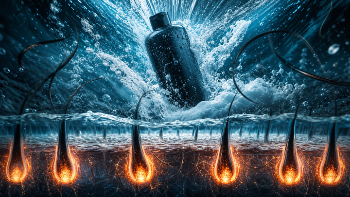 Shampoo and foam acting at the scalp surface far above glowing hair follicles