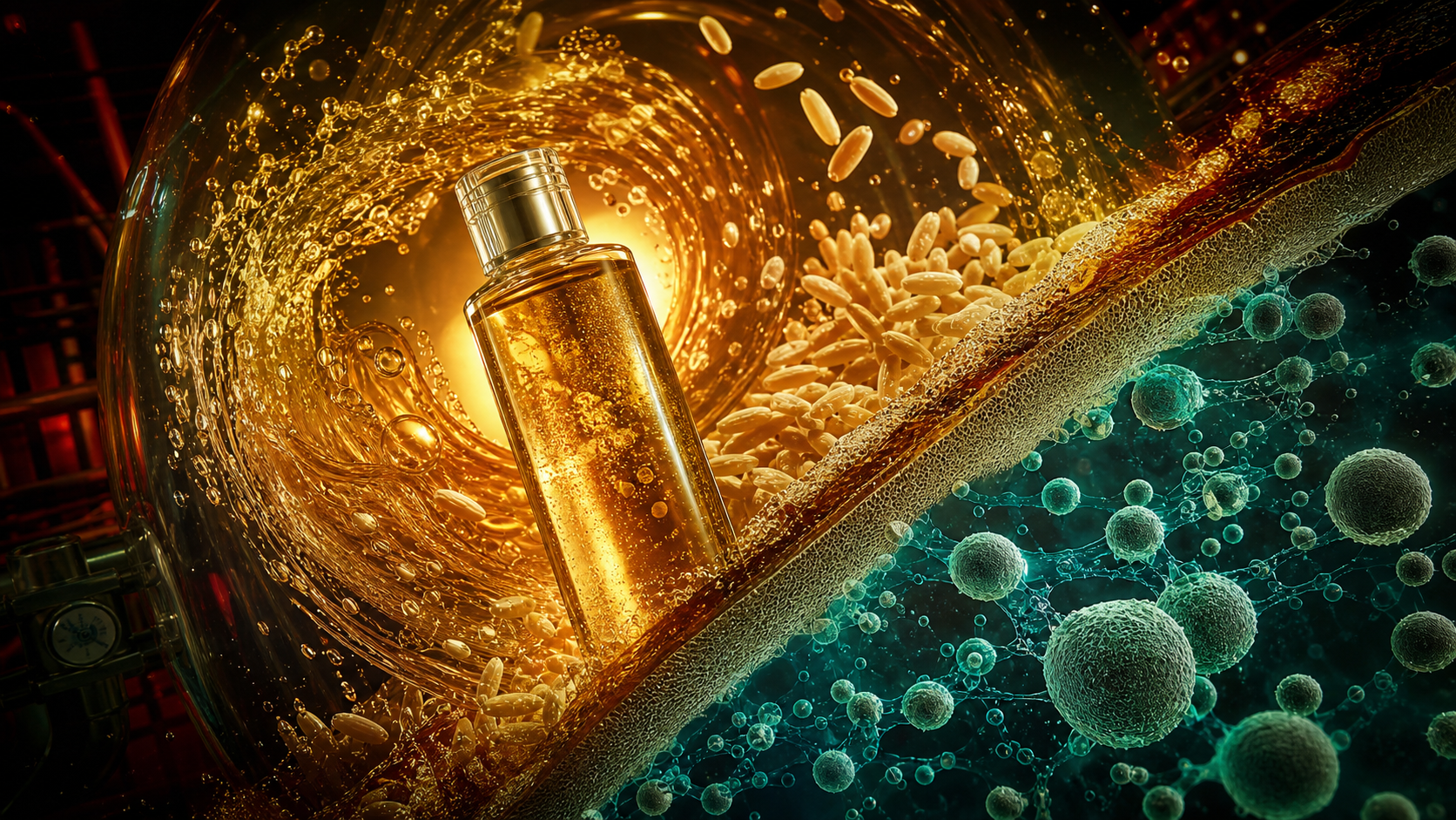 Golden galactomyces essence with rice, yeast forms, and a filtration membrane