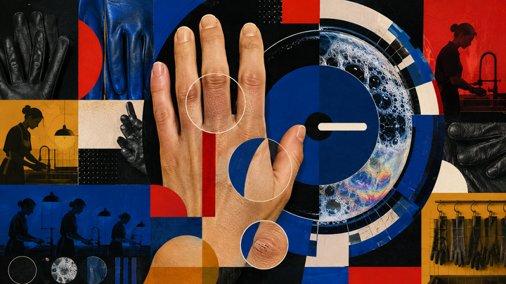 Bauhaus occupational safety collage editorial visualization for Hand Dermatitis Tracks How Often You Wash, Not How Cold It Is. Nearly All the Evidence Comes From People at Work.