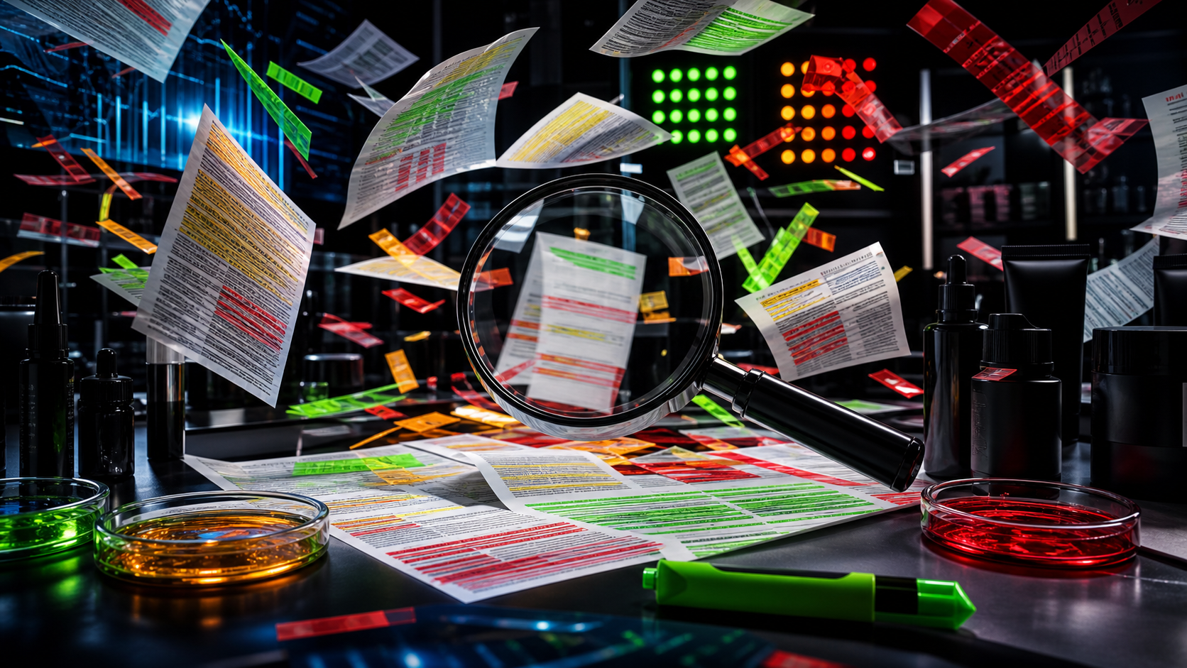 Ingredient lists, magnifying glass, and green, amber, and red screening marks in motion