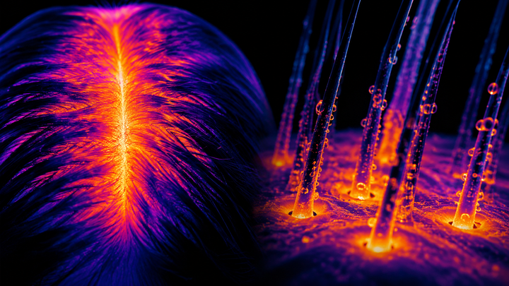 infrared scalp thermography editorial visualization for Oily Scalp in Late Summer: Sebum Tracks Skin Temperature, Not How Dirty Your Hair Is