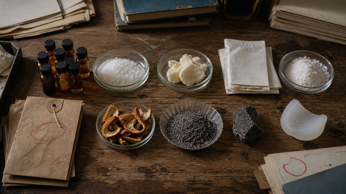 Ten ingredient evidence samples arranged across an editor's archival research desk