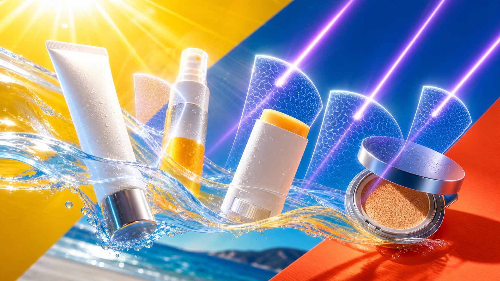 Four modern sunscreen formats protected by translucent shields under intense UV light