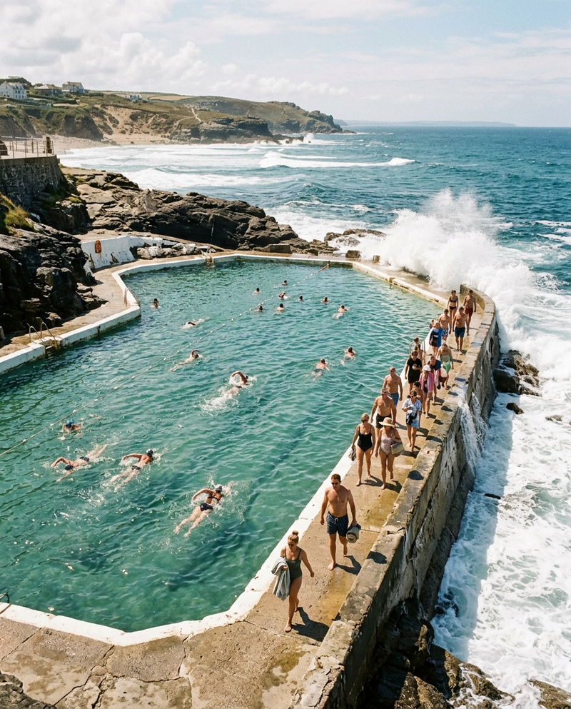 After-Swim chlorine care — ocean rock pool with swimmers