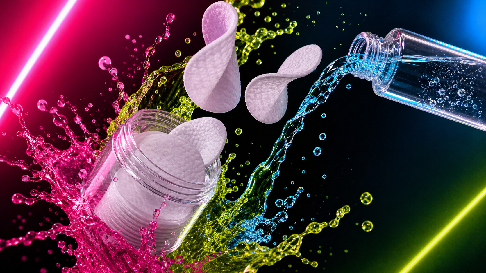 Toner pads flying from a jar through vivid arcs of essence beside poured toner