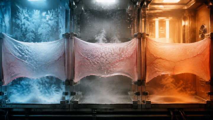 climate-chamber gel membrane photography editorial visualization for Why Skin Gets Drier in Autumn: Four Studies Measured It, and None of Them Separated the Cold From the Dry