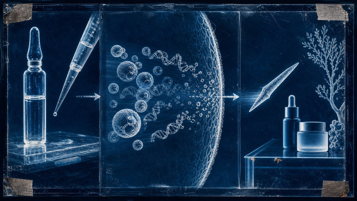 Cyanotype journey from a clinic ampoule through a skin barrier to consumer cosmetics, with one intact sponge spicule