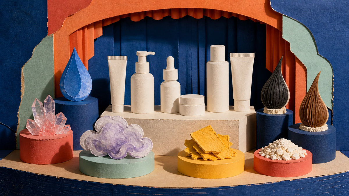 Eight abstract ingredient specimens surrounding six unbranded cosmetics in a colorful paper theatre