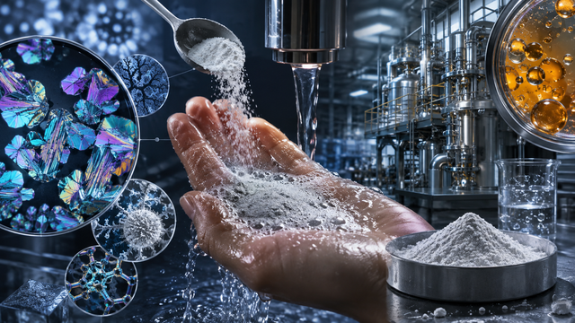 cross-polarized enzyme factory micrograph editorial visualization for We Sell One Enzyme Cleansing Powder. The Best-Documented Effects of Its Enzymes Were Measured in Factories, Not on Faces.