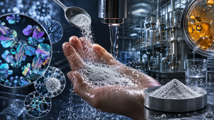 cross-polarized enzyme factory micrograph editorial visualization for We Sell One Enzyme Cleansing Powder. The Best-Documented Effects of Its Enzymes Were Measured in Factories, Not on Faces.