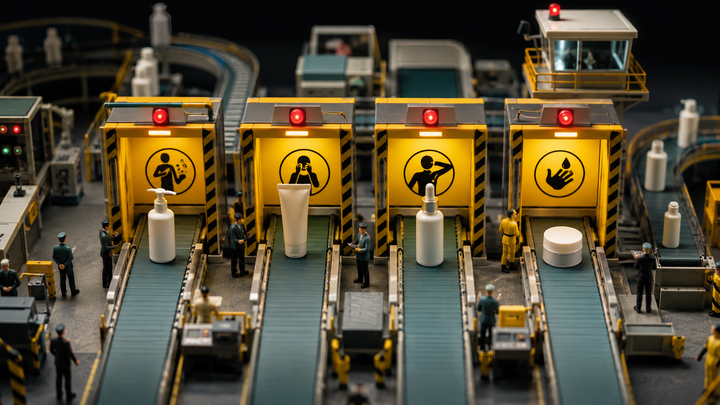 customs sorting-belt diorama editorial visualization for Four of Our 'Cleansers' Aren't Cleansers. Korean Law Files Them Somewhere Else.