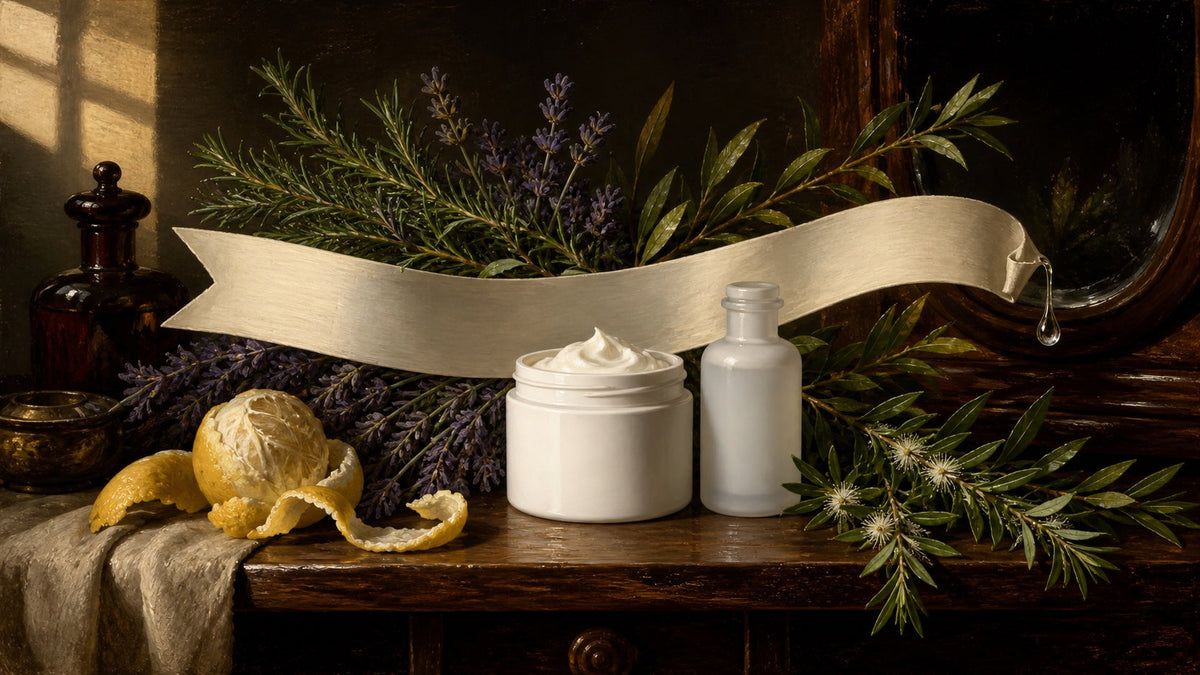 Unbranded fragrance-free cosmetics surrounded by aromatic botanicals emerging from behind a blank claim ribbon