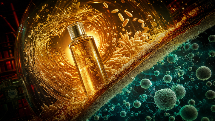 Golden galactomyces essence with rice, yeast forms, and a filtration membrane
