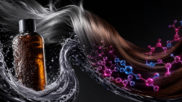 Silver-gray hair transitioning to deep brown beside an amber dye-shampoo bottle