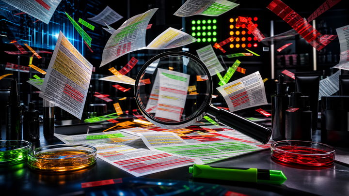Ingredient lists, magnifying glass, and green, amber, and red screening marks in motion