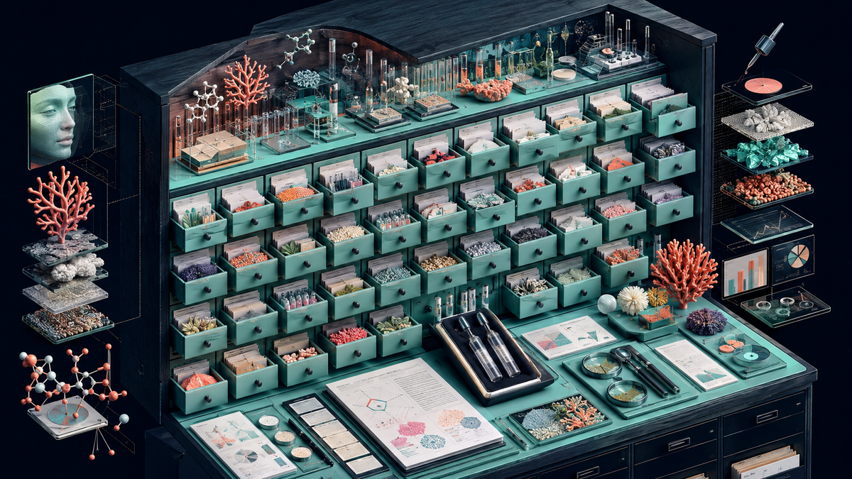 exploded isometric dossier cabinet editorial visualization for Korea Is Making Cosmetic Safety Assessments Mandatory. We Counted What That Asks of an 87-Ingredient Product.