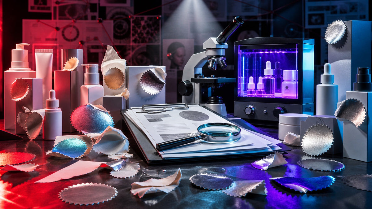 Blank cosmetic claim seals surrounding products, testing equipment, and an evidence dossier