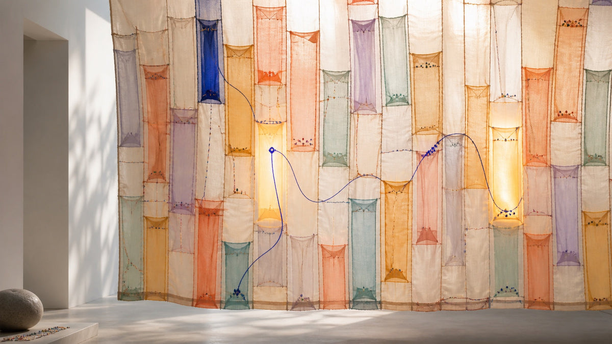 Backlit bojagi hanging with many product pockets and one blue niacinamide thread moving between label positions