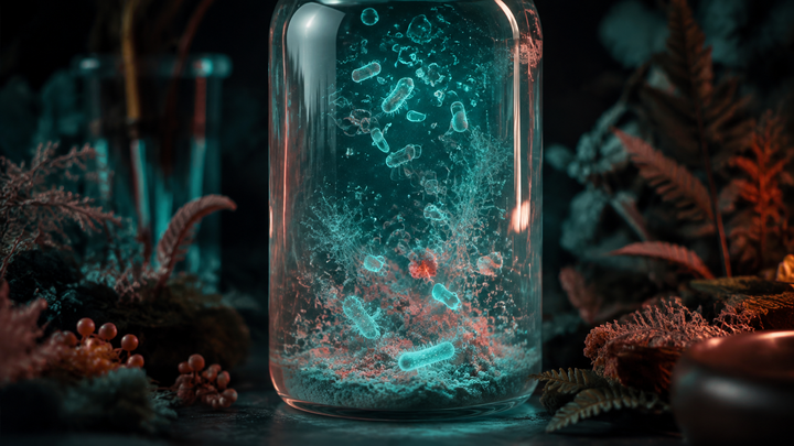 silent preserved microbe terrarium editorial visualization for 'Probiotic' Skincare Has No Live Bacteria In It. Neither Does Ours.