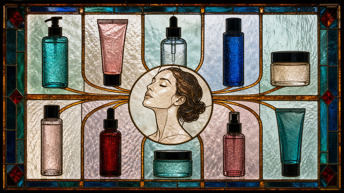 Ten stained-glass cosmetic vessels sending amber ribbons toward one face and neck medallion