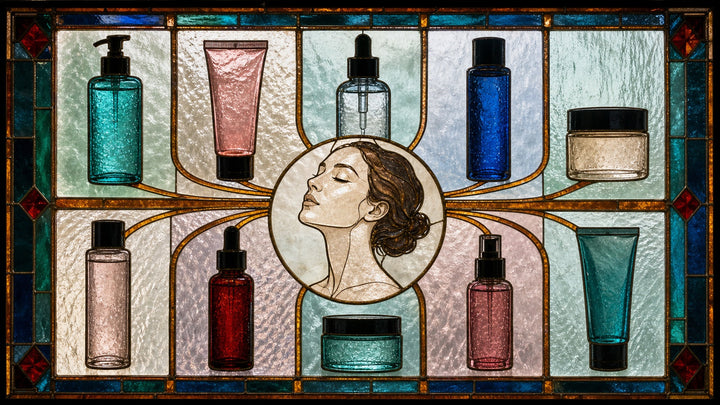 Ten stained-glass cosmetic vessels sending amber ribbons toward one face and neck medallion