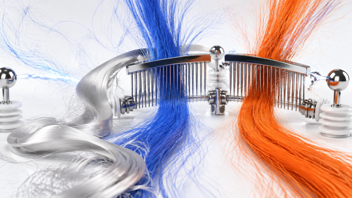 electrostatic hair-fiber installation editorial visualization for Our 'Silicone-Free' Conditioner Took Out a Silicone We Grade Low and Left In a Quat We Grade Mid