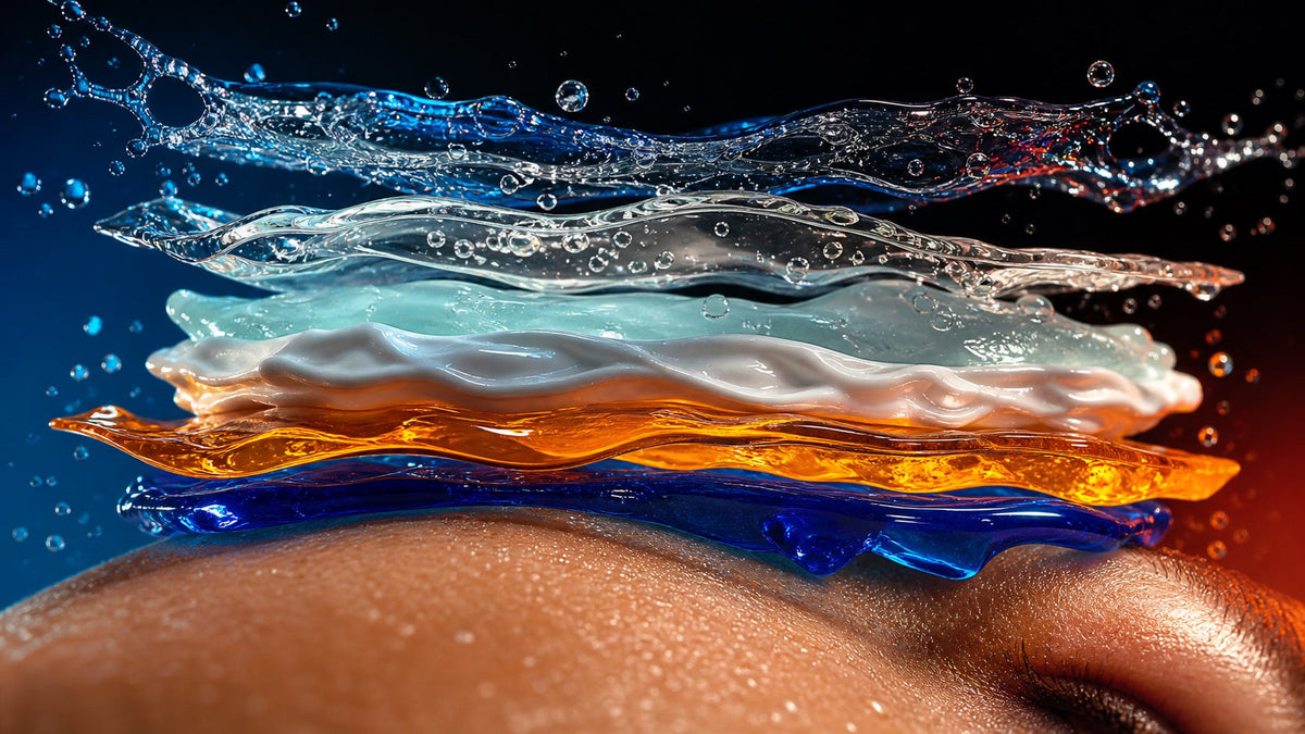 Translucent skincare layers above real skin under vivid blue and amber lighting