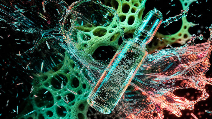 Spicule ampoule suspended among crystalline micro-spicules and a porous sea-sponge structure