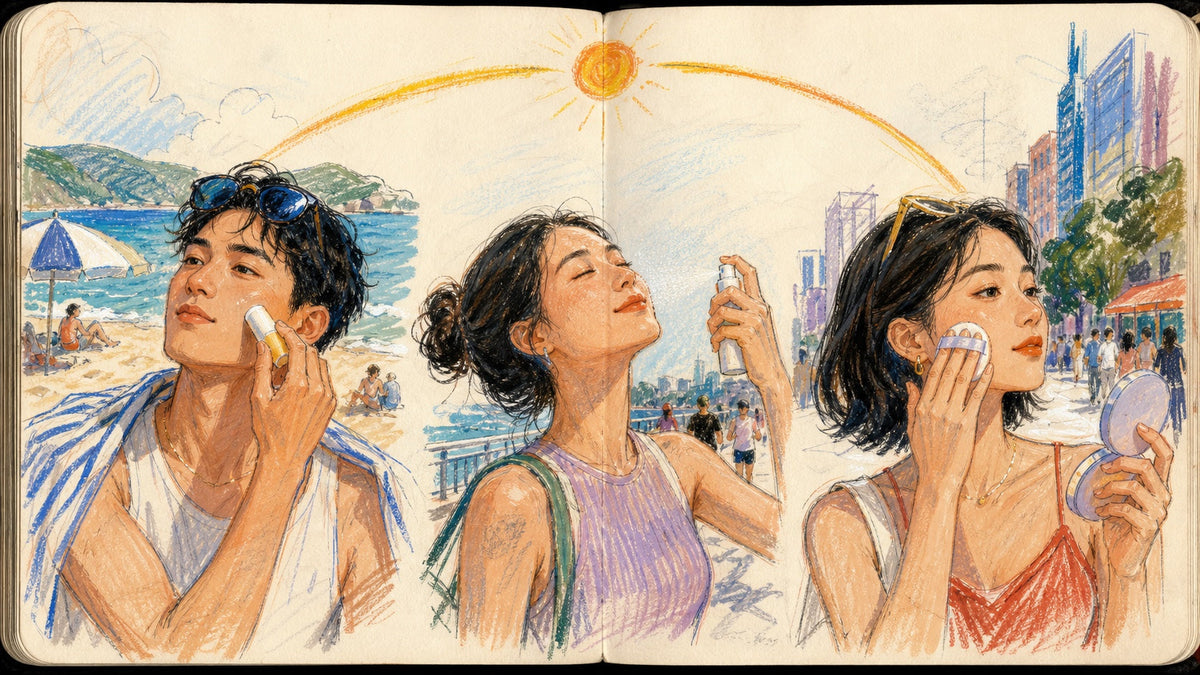 Three adults reapplying sunscreen with a stick, mist, and cushion across a field sketchbook