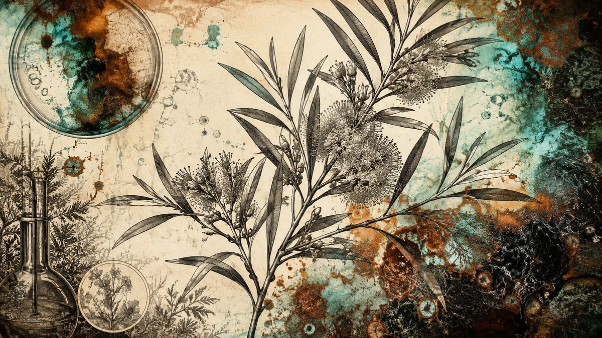 oxidized botanical copperplate editorial visualization for Tea Tree Oil Is in Seven of Our Products. The EU Just Called It a Moderate Sensitiser.
