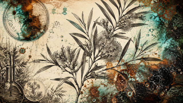 oxidized botanical copperplate editorial visualization for Tea Tree Oil Is in Seven of Our Products. The EU Just Called It a Moderate Sensitiser.