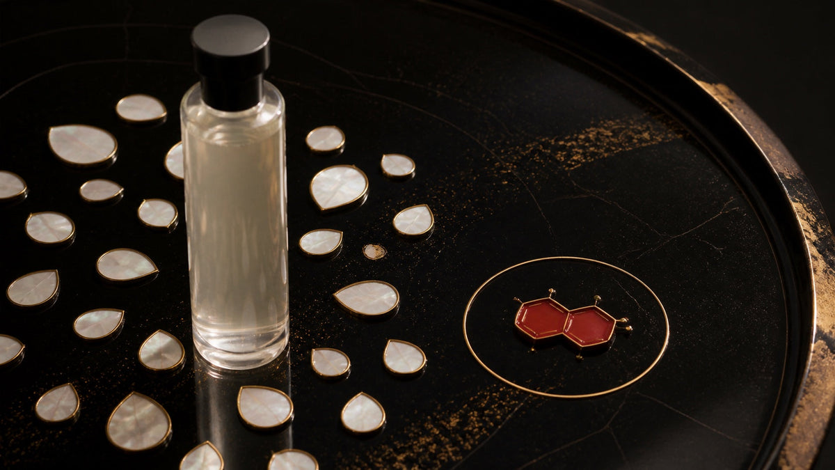 A gentle toner surrounded by pearl ingredient droplets with one vermilion Vitamin K3 tile under inspection