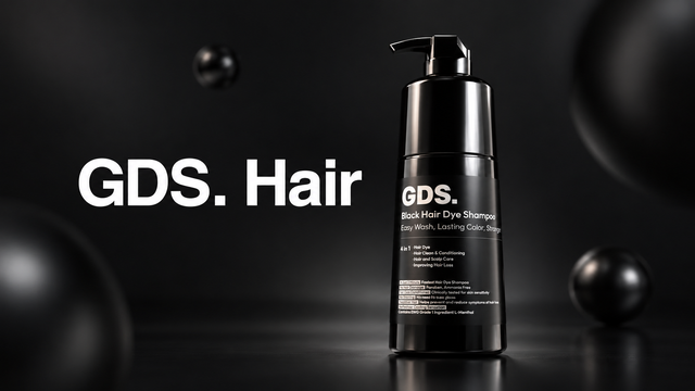 GDS Black Hair Dye Shampoo bottle shown in full against a black background