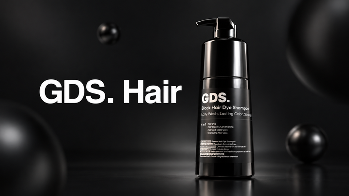 GDS Black Hair Dye Shampoo bottle shown in full against a black background