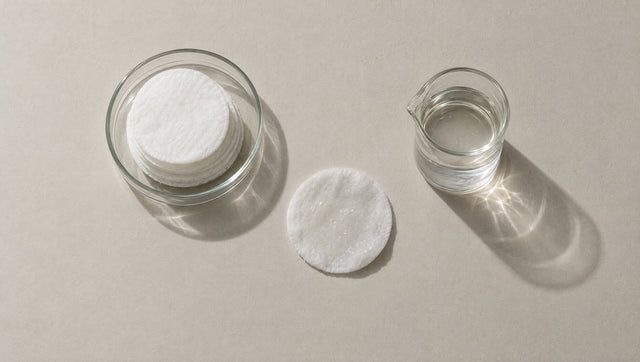 Cotton toner pads in a glass dish beside a small beaker of clear toner