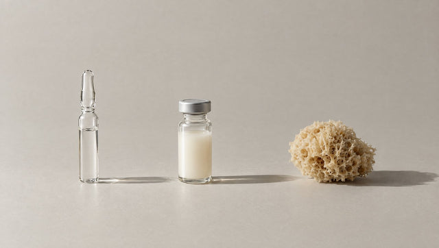 Glass ampoule, small vial of milky liquid and a piece of sea sponge in a row