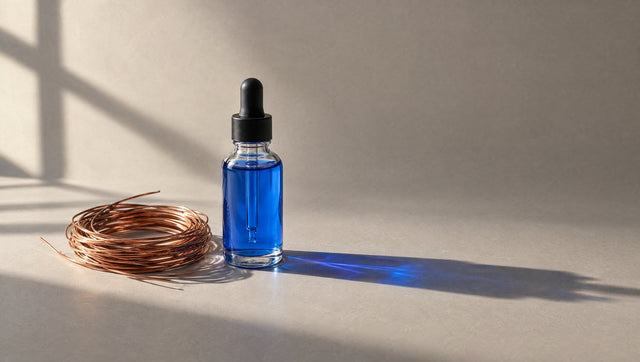 Dropper bottle of blue liquid beside a coil of copper wire
