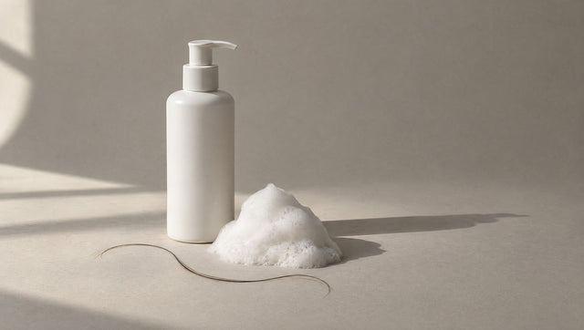 Plain white pump bottle beside shampoo foam and a single strand of hair