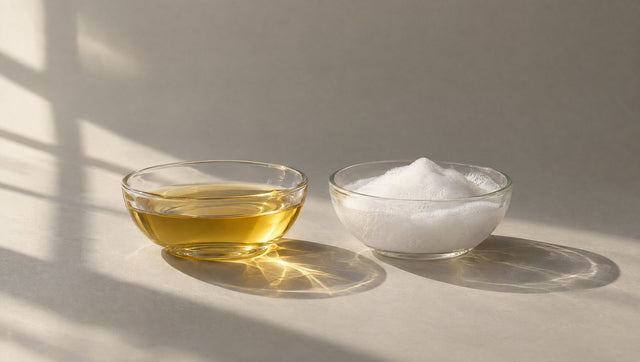 Two glass bowls, one with cleansing oil and one with white foam