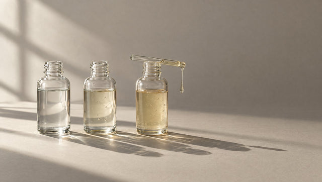 Three glass bottles of liquids from thin to thick, one with a slow drip