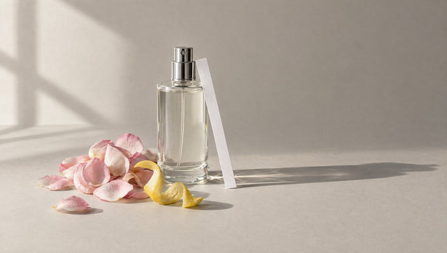 Plain glass atomiser with rose petals, lemon peel and a blotter strip