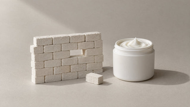 Small white brick wall with one brick missing beside a jar of cream