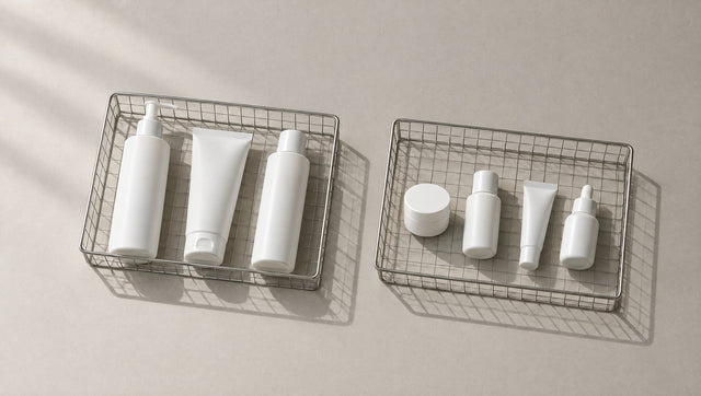 Plain cosmetic bottles sorted into two wire trays