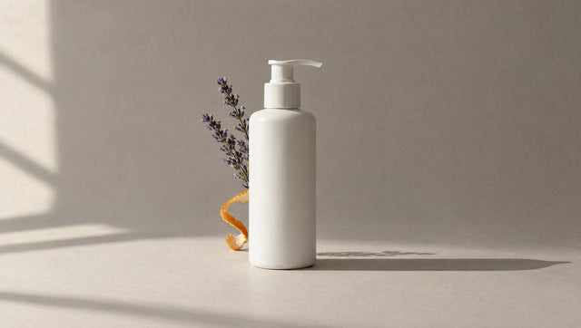 Plain white pump bottle with lavender and orange peel behind it
