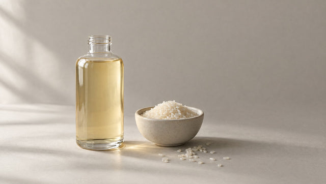 Glass bottle of pale golden liquid beside a bowl of uncooked rice